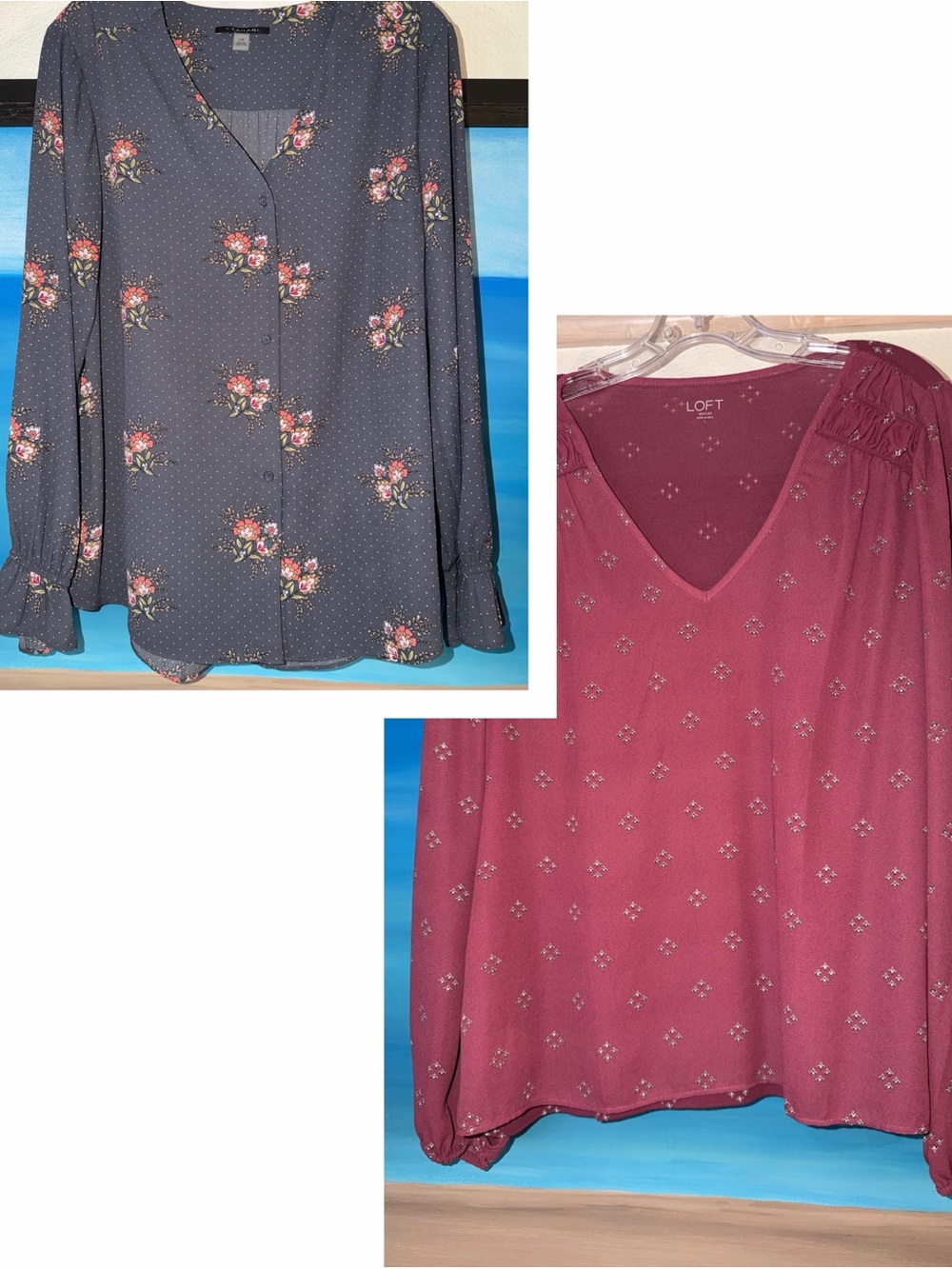 2 Pack: Tahari & LOFT Womens Gray Floral Button-Down & Rose V-Neck Blouse - Picture 2 of 8